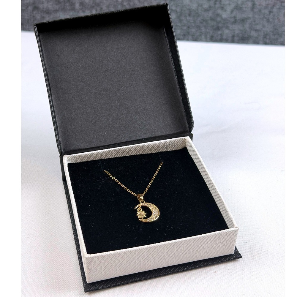 Gold Tone Celestial Crescent Moon & Star Pavé Crystal Pendant Necklace in Box